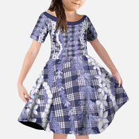 Hawaiian Ohia Lehua Lei Kid Short Sleeve Dress Plaid Palaka Uliuli hohonu Pattern - Polynesian Pride