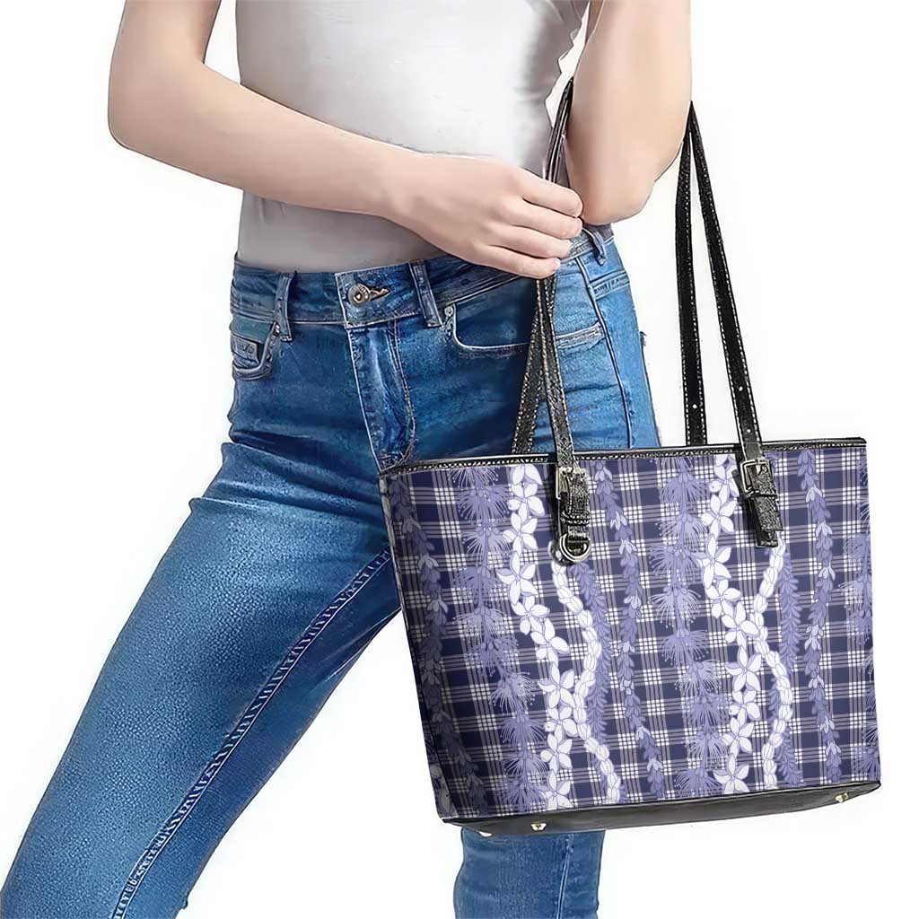 Hawaiian Ohia Lehua Lei Leather Tote Bag Plaid Palaka Uliuli hohonu Pattern - Polynesian Pride