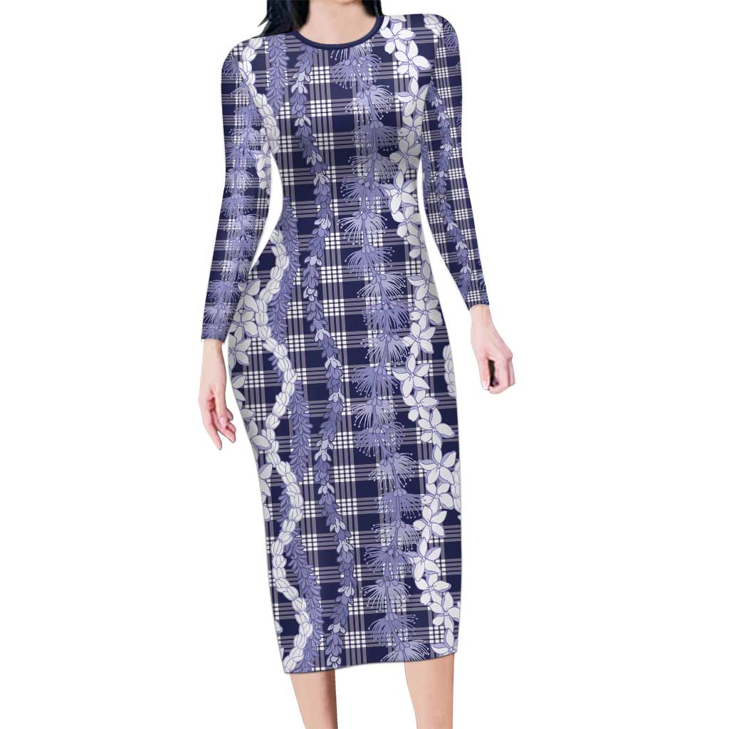 Hawaiian Ohia Lehua Lei Long Sleeve Bodycon Dress Plaid Palaka Uliuli hohonu Pattern - Polynesian Pride