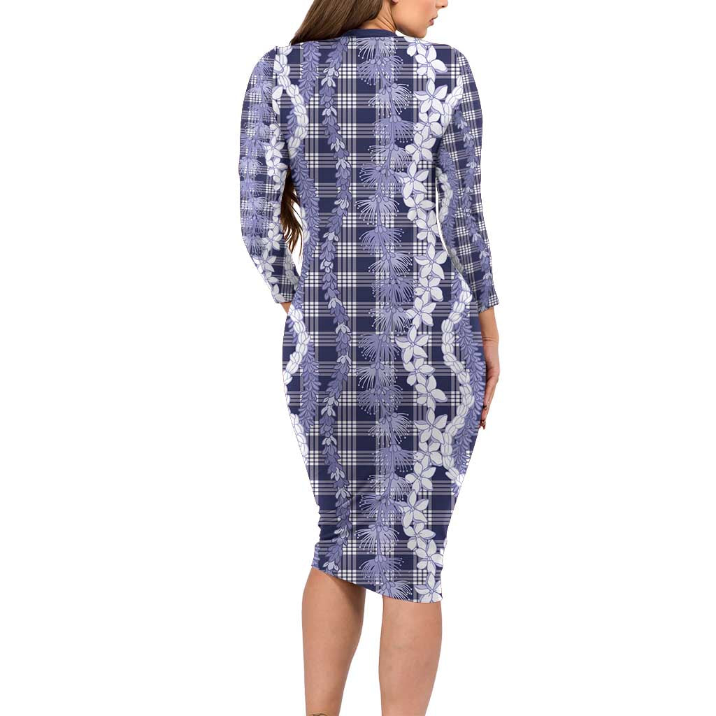 Hawaiian Ohia Lehua Lei Long Sleeve Bodycon Dress Plaid Palaka Uliuli hohonu Pattern - Polynesian Pride