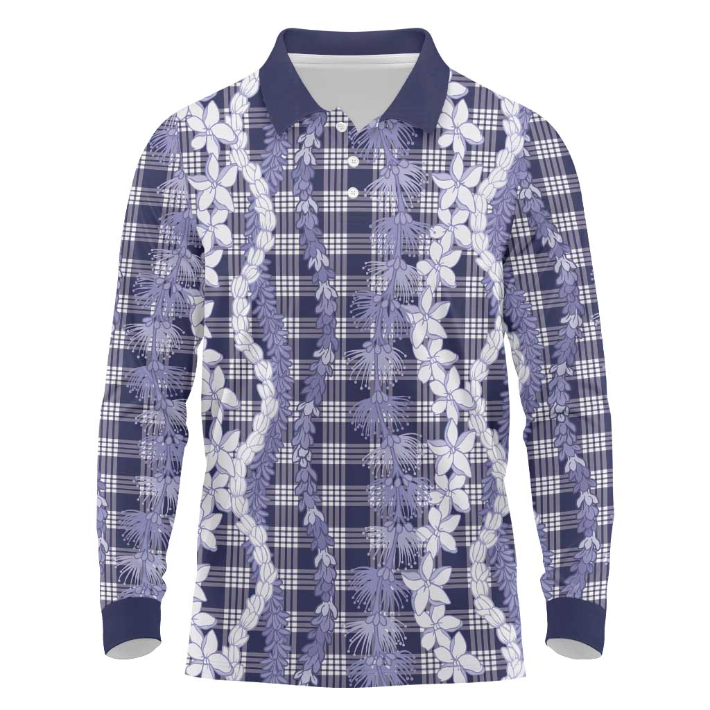 Hawaiian Ohia Lehua Lei Long Sleeve Polo Shirt Plaid Palaka Uliuli hohonu Pattern - Polynesian Pride