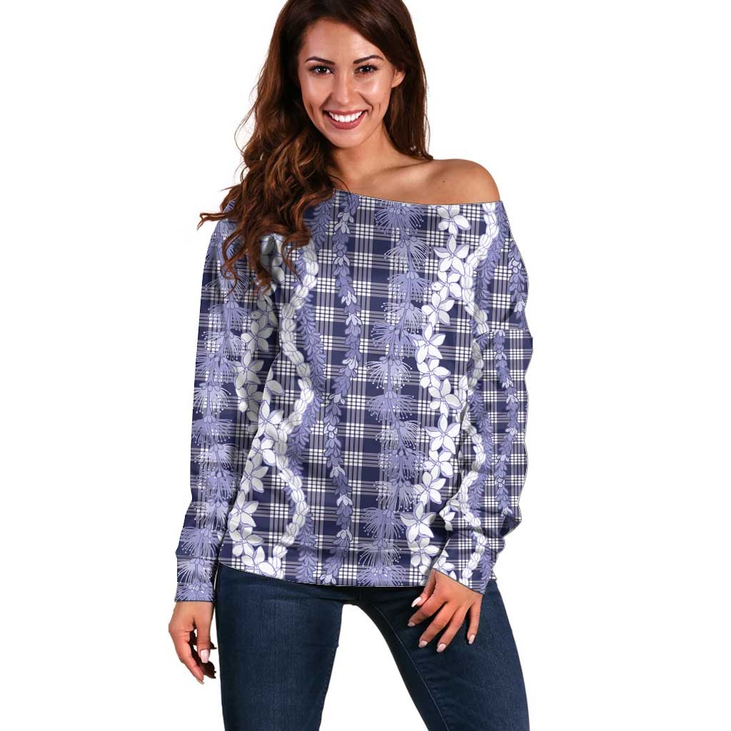 Hawaiian Ohia Lehua Lei Off Shoulder Sweater Plaid Palaka Uliuli hohonu Pattern - Polynesian Pride