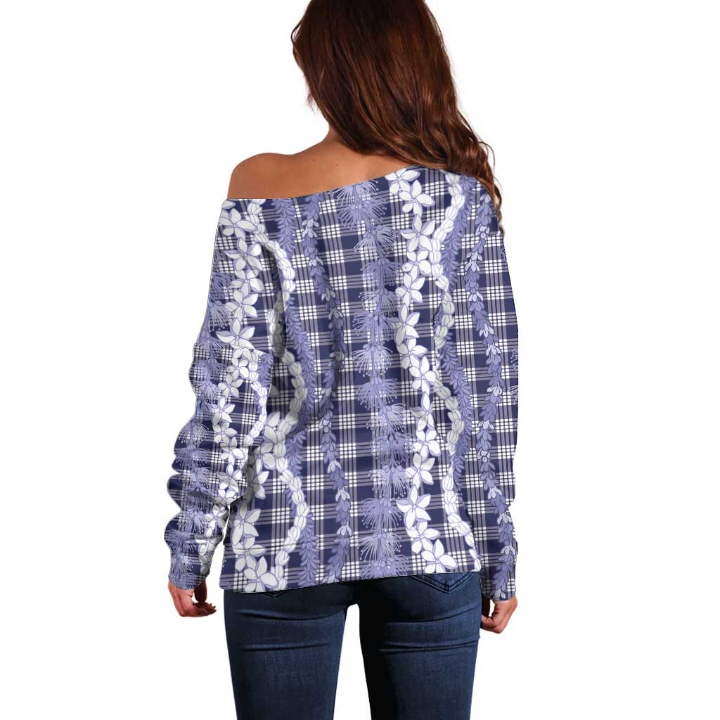 Hawaiian Ohia Lehua Lei Off Shoulder Sweater Plaid Palaka Uliuli hohonu Pattern - Polynesian Pride