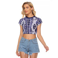 Hawaiian Ohia Lehua Lei Raglan Cropped T Shirt Plaid Palaka Uliuli hohonu Pattern LT9 Female Navy - Polynesian Pride