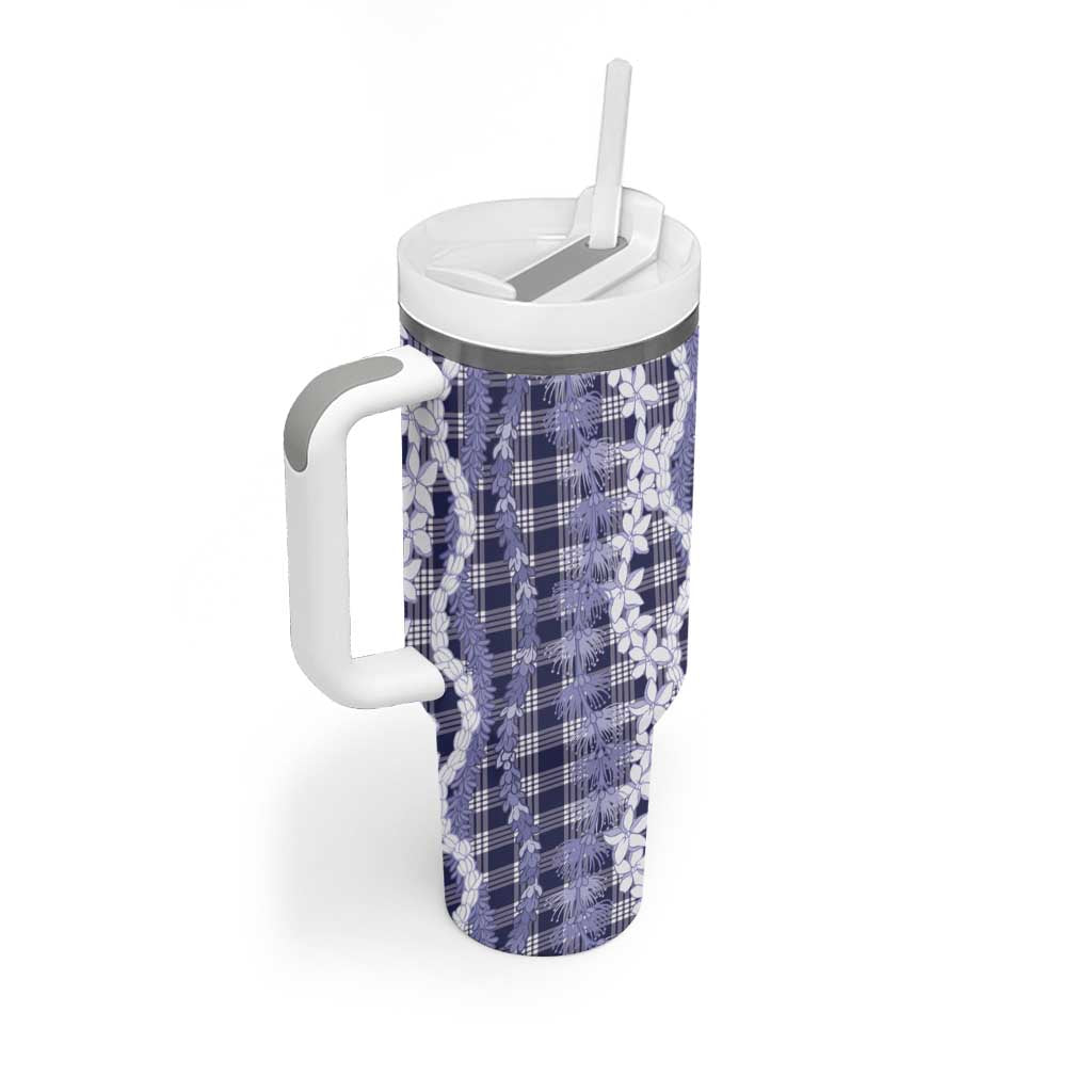 Hawaiian Ohia Lehua Lei Tumbler With Handle Plaid Palaka Uliuli hohonu Pattern - Polynesian Pride