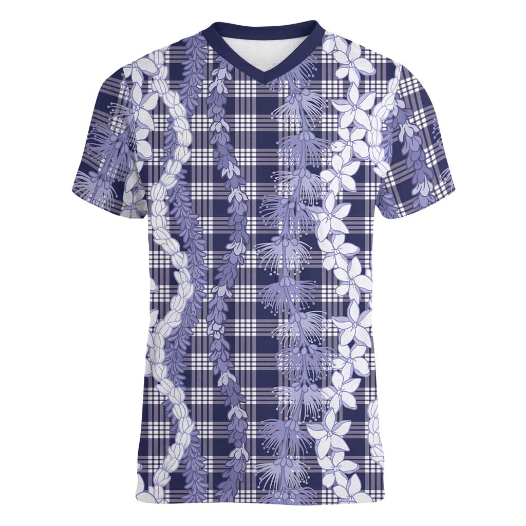 Hawaiian Ohia Lehua Lei Women V-Neck T-Shirt Plaid Palaka Uliuli hohonu Pattern - Polynesian Pride