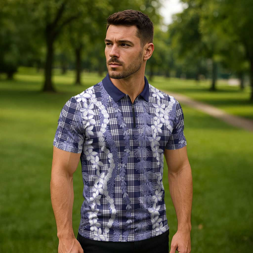 Hawaiian Ohia Lehua Lei Zipper Polo Shirt Plaid Palaka Uliuli hohonu Pattern LT9 - Polynesian Pride