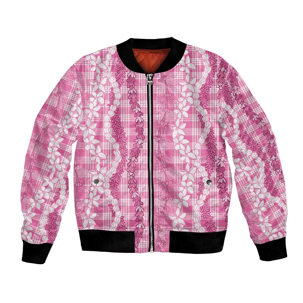 Hawaiian Ohia Lehua Lei Bomber Jacket Plaid Palaka Akala Pattern - Polynesian Pride