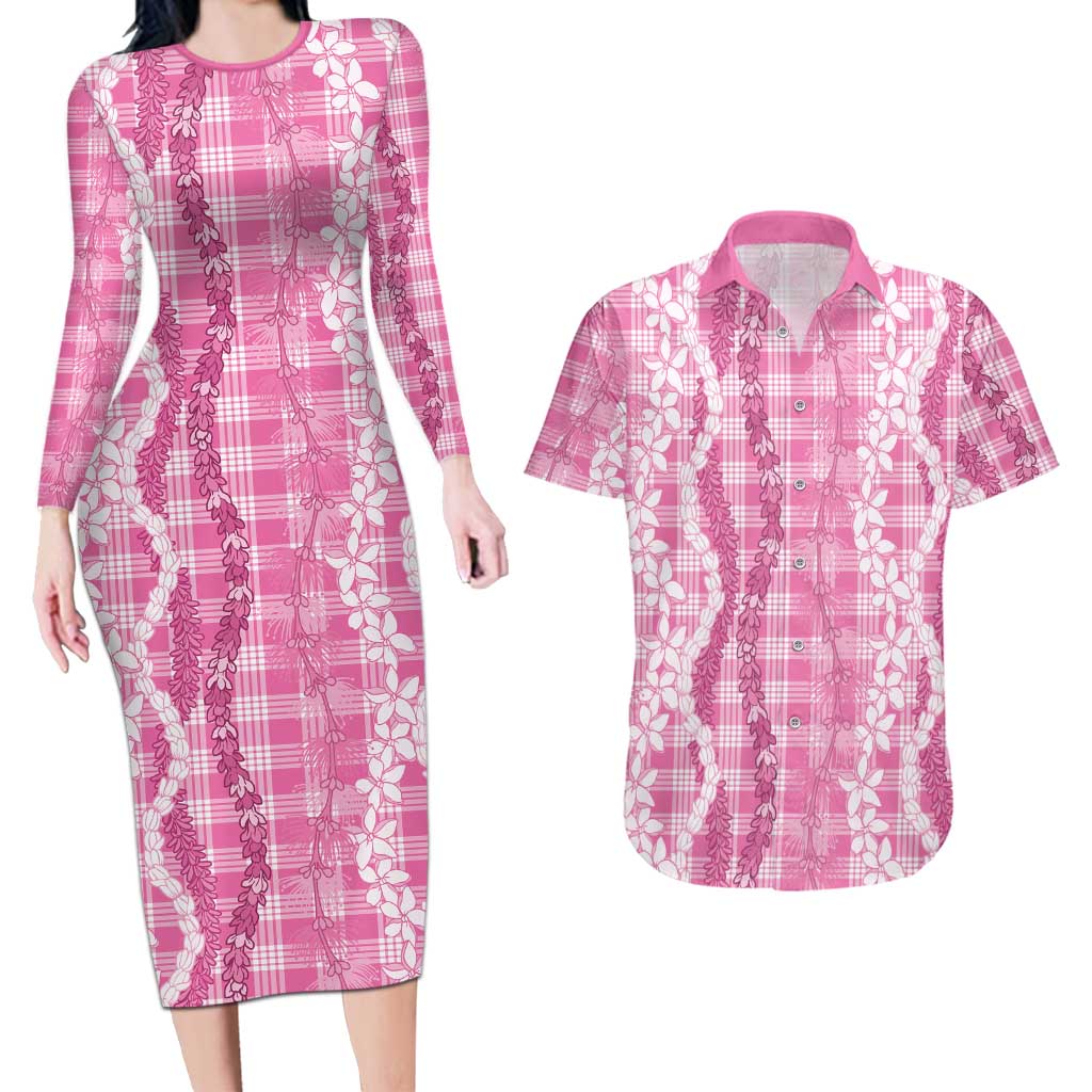 Hawaiian Ohia Lehua Lei Couples Matching Long Sleeve Bodycon Dress and Hawaiian Shirt Plaid Palaka Akala Pattern LT9 Pink - Polynesian Pride