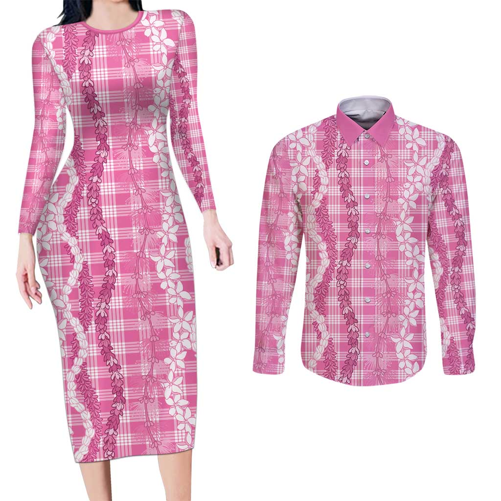 Hawaiian Ohia Lehua Lei Couples Matching Long Sleeve Bodycon Dress and Long Sleeve Button Shirt Plaid Palaka Akala Pattern LT9 Pink - Polynesian Pride