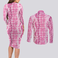 Hawaiian Ohia Lehua Lei Couples Matching Long Sleeve Bodycon Dress and Long Sleeve Button Shirt Plaid Palaka Akala Pattern LT9 - Polynesian Pride