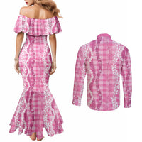 Hawaiian Ohia Lehua Lei Couples Matching Mermaid Dress and Long Sleeve Button Shirt Plaid Palaka Akala Pattern - Polynesian Pride