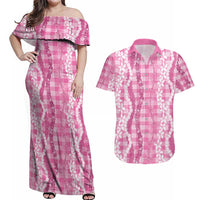 Hawaiian Ohia Lehua Lei Couples Matching Off Shoulder Maxi Dress and Hawaiian Shirt Plaid Palaka Akala Pattern LT9 Pink - Polynesian Pride