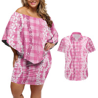 Hawaiian Ohia Lehua Lei Couples Matching Off Shoulder Short Dress and Hawaiian Shirt Plaid Palaka Akala Pattern LT9 Pink - Polynesian Pride