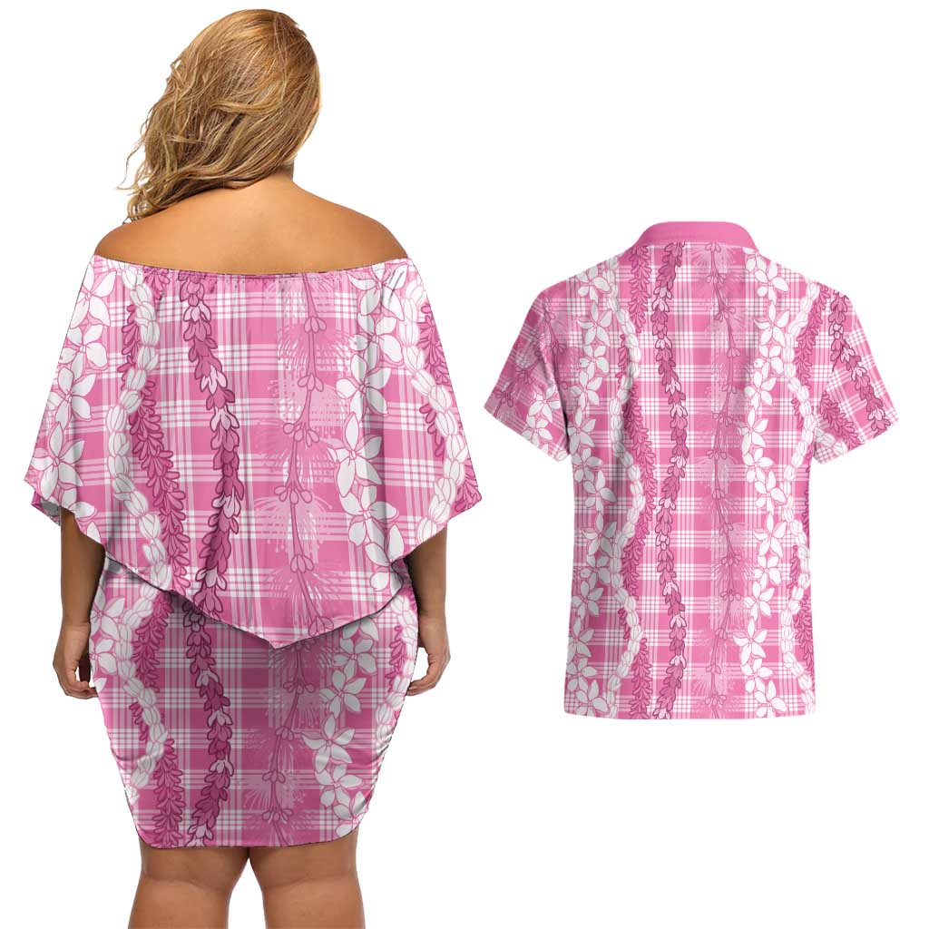 Hawaiian Ohia Lehua Lei Couples Matching Off Shoulder Short Dress and Hawaiian Shirt Plaid Palaka Akala Pattern LT9 - Polynesian Pride