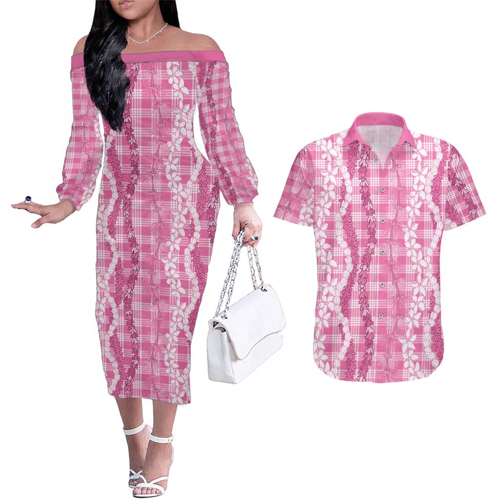 Hawaiian Ohia Lehua Lei Couples Matching Off The Shoulder Long Sleeve Dress and Hawaiian Shirt Plaid Palaka Akala Pattern LT9 Pink - Polynesian Pride
