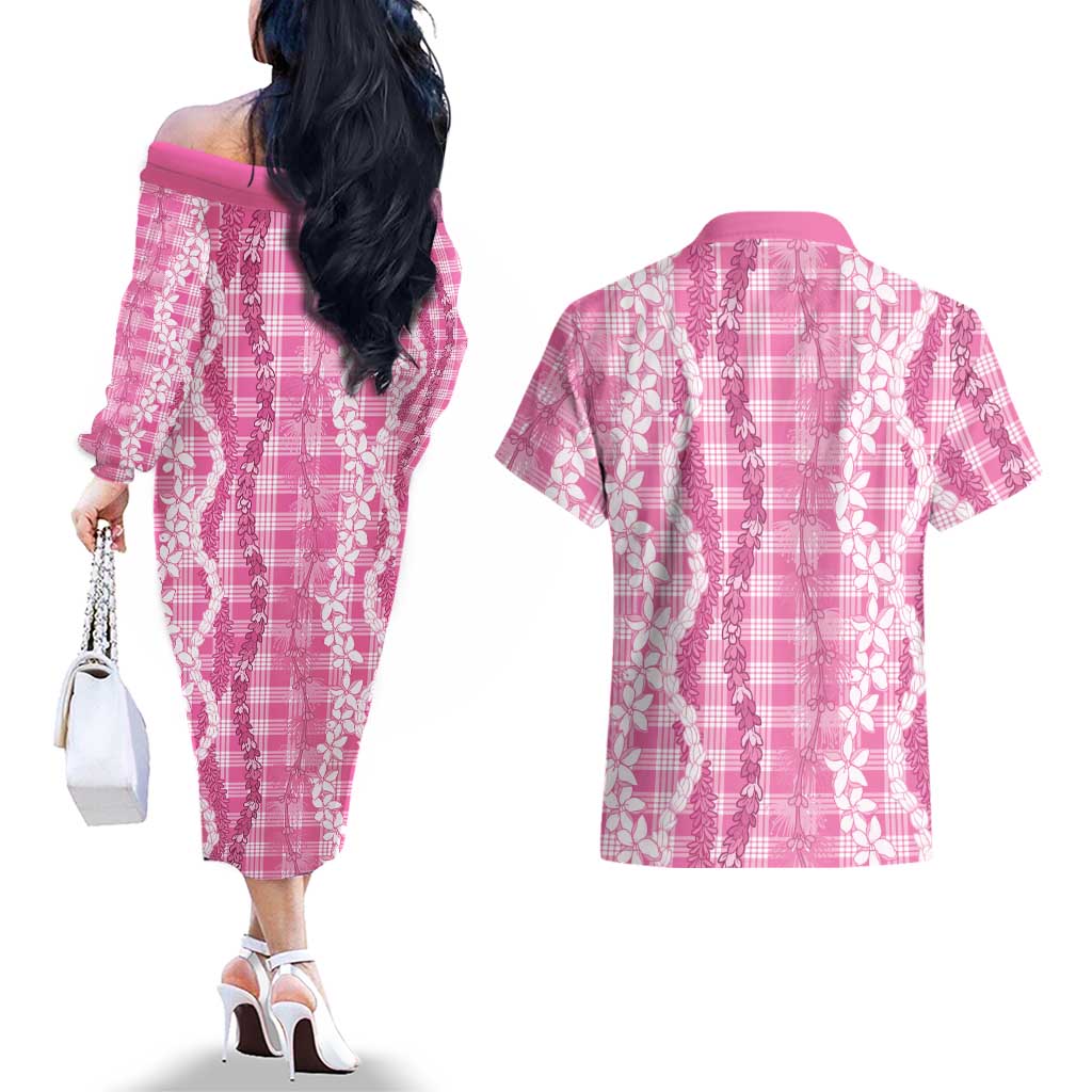 Hawaiian Ohia Lehua Lei Couples Matching Off The Shoulder Long Sleeve Dress and Hawaiian Shirt Plaid Palaka Akala Pattern LT9 - Polynesian Pride