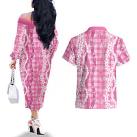 Hawaiian Ohia Lehua Lei Couples Matching Off The Shoulder Long Sleeve Dress and Hawaiian Shirt Plaid Palaka Akala Pattern LT9 - Polynesian Pride
