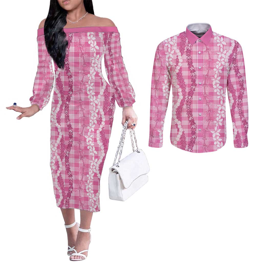 Hawaiian Ohia Lehua Lei Couples Matching Off The Shoulder Long Sleeve Dress and Long Sleeve Button Shirt Plaid Palaka Akala Pattern LT9 Pink - Polynesian Pride