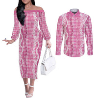 Hawaiian Ohia Lehua Lei Couples Matching Off The Shoulder Long Sleeve Dress and Long Sleeve Button Shirt Plaid Palaka Akala Pattern LT9 Pink - Polynesian Pride