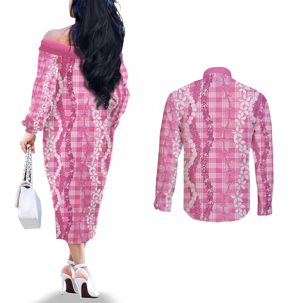 Hawaiian Ohia Lehua Lei Couples Matching Off The Shoulder Long Sleeve Dress and Long Sleeve Button Shirt Plaid Palaka Akala Pattern LT9 - Polynesian Pride