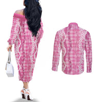 Hawaiian Ohia Lehua Lei Couples Matching Off The Shoulder Long Sleeve Dress and Long Sleeve Button Shirt Plaid Palaka Akala Pattern LT9 - Polynesian Pride
