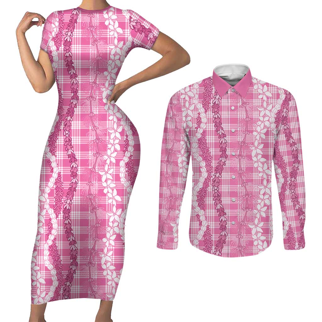 Hawaiian Ohia Lehua Lei Couples Matching Short Sleeve Bodycon Dress and Long Sleeve Button Shirt Plaid Palaka Akala Pattern LT9 Pink - Polynesian Pride