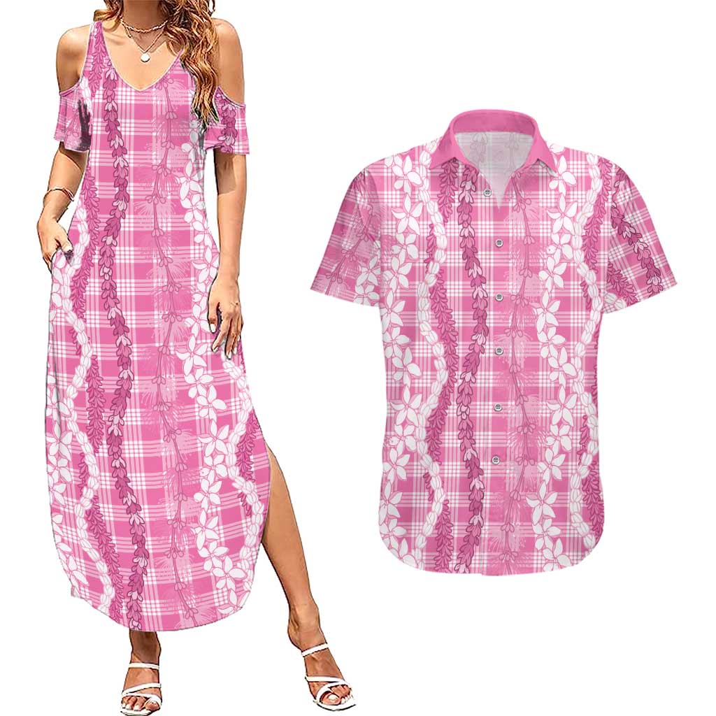 Hawaiian Ohia Lehua Lei Couples Matching Summer Maxi Dress and Hawaiian Shirt Plaid Palaka Akala Pattern LT9 Pink - Polynesian Pride