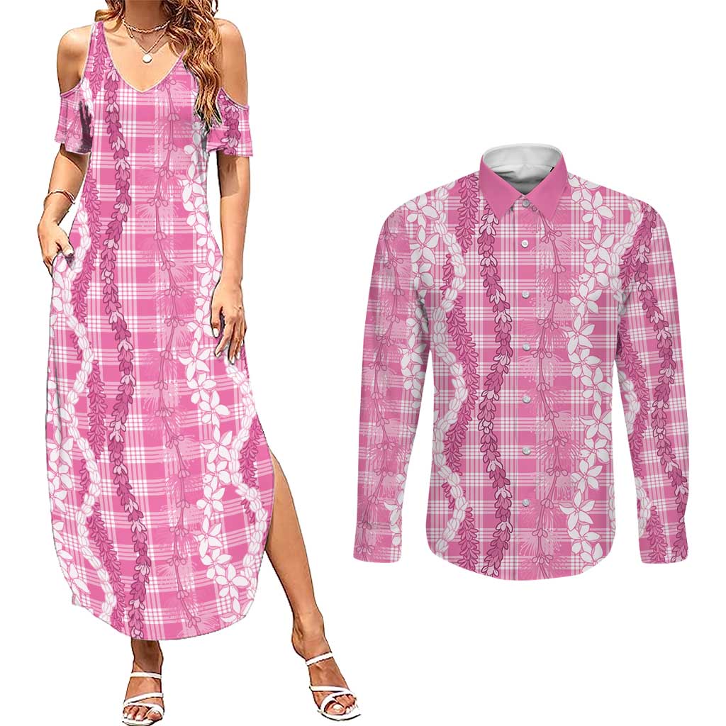 Hawaiian Ohia Lehua Lei Couples Matching Summer Maxi Dress and Long Sleeve Button Shirt Plaid Palaka Akala Pattern - Polynesian Pride