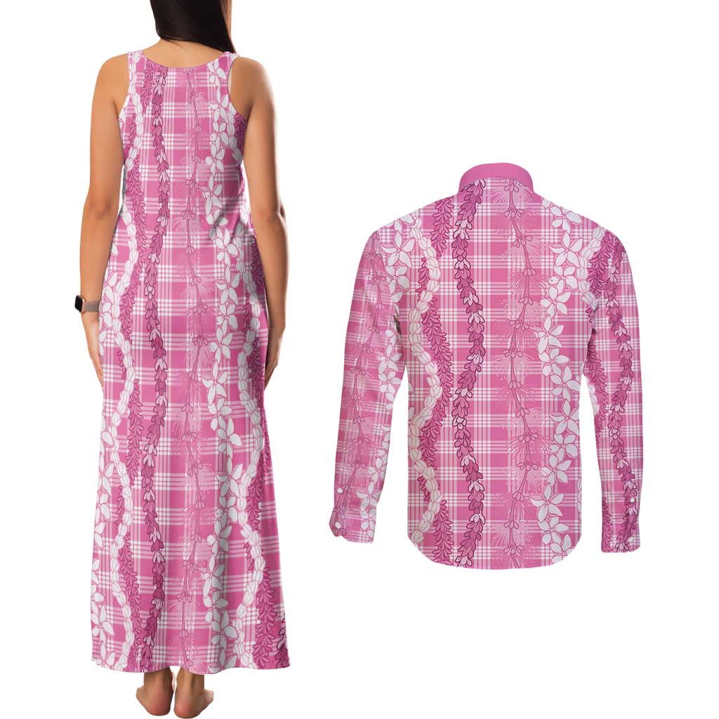 Hawaiian Ohia Lehua Lei Couples Matching Tank Maxi Dress and Long Sleeve Button Shirt Plaid Palaka Akala Pattern - Polynesian Pride