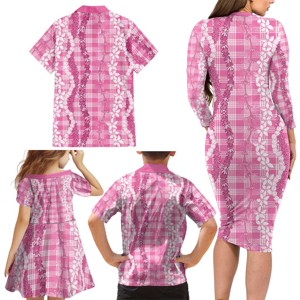 Hawaiian Ohia Lehua Lei Family Matching Long Sleeve Bodycon Dress and Hawaiian Shirt Plaid Palaka Akala Pattern LT9 - Polynesian Pride