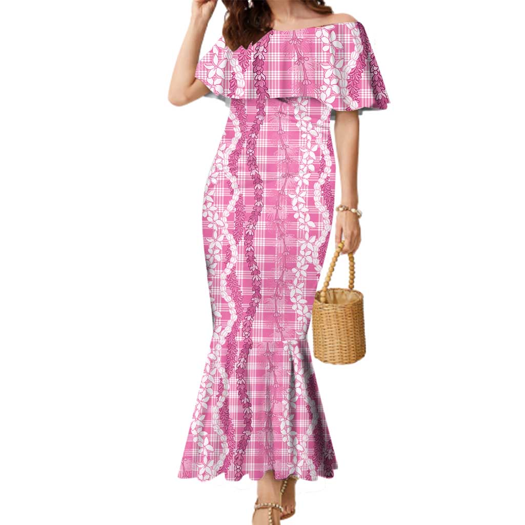 Hawaiian Ohia Lehua Lei Family Matching Mermaid Dress and Hawaiian Shirt Plaid Palaka Akala Pattern LT9 Pink - Polynesian Pride