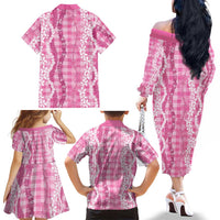 Hawaiian Ohia Lehua Lei Family Matching Off The Shoulder Long Sleeve Dress and Hawaiian Shirt Plaid Palaka Akala Pattern LT9 - Polynesian Pride