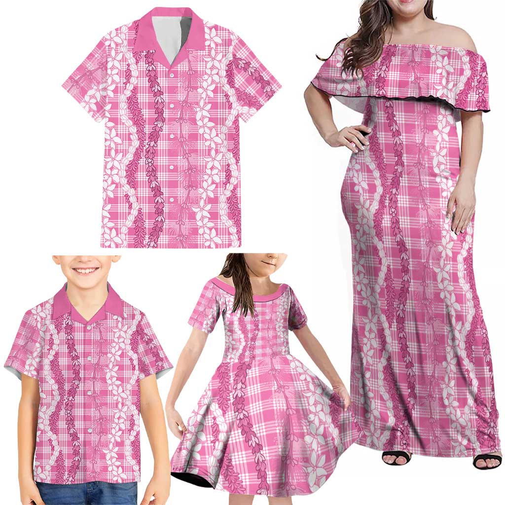 Hawaiian Ohia Lehua Lei Family Matching Off Shoulder Maxi Dress and Hawaiian Shirt Plaid Palaka Akala Pattern LT9 - Polynesian Pride