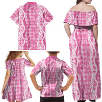 Hawaiian Ohia Lehua Lei Family Matching Off Shoulder Maxi Dress and Hawaiian Shirt Plaid Palaka Akala Pattern LT9 - Polynesian Pride