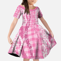 Hawaiian Ohia Lehua Lei Family Matching Off Shoulder Short Dress and Hawaiian Shirt Plaid Palaka Akala Pattern LT9 Daughter's Dress Pink - Polynesian Pride