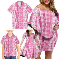 Hawaiian Ohia Lehua Lei Family Matching Off Shoulder Short Dress and Hawaiian Shirt Plaid Palaka Akala Pattern LT9 - Polynesian Pride