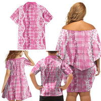 Hawaiian Ohia Lehua Lei Family Matching Off Shoulder Short Dress and Hawaiian Shirt Plaid Palaka Akala Pattern LT9 - Polynesian Pride