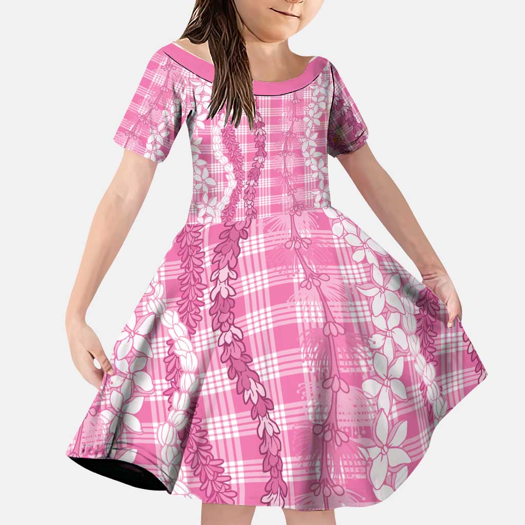 Hawaiian Ohia Lehua Lei Family Matching Short Sleeve Bodycon Dress and Hawaiian Shirt Plaid Palaka Akala Pattern LT9 Daughter's Dress Pink - Polynesian Pride