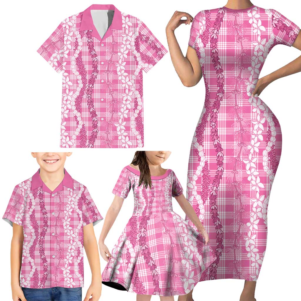 Hawaiian Ohia Lehua Lei Family Matching Short Sleeve Bodycon Dress and Hawaiian Shirt Plaid Palaka Akala Pattern - Polynesian Pride