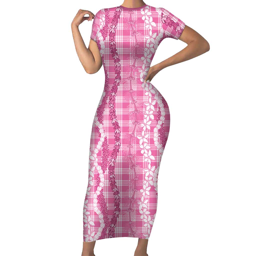 Hawaiian Ohia Lehua Lei Family Matching Short Sleeve Bodycon Dress and Hawaiian Shirt Plaid Palaka Akala Pattern LT9 Pink - Polynesian Pride