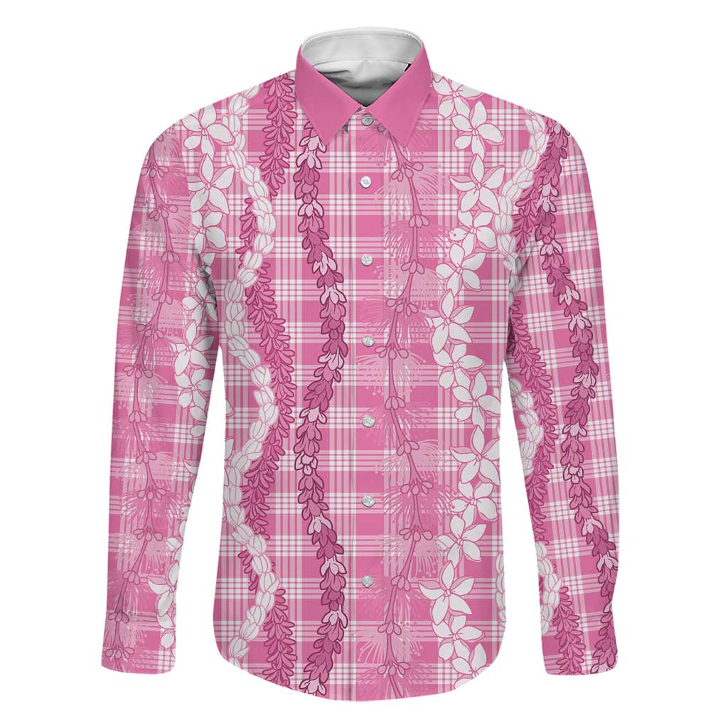 Hawaiian Ohia Lehua Lei Family Matching Summer Maxi Dress and Hawaiian Shirt Plaid Palaka Akala Pattern LT9 Dad's Shirt - Long Sleeve Pink - Polynesian Pride