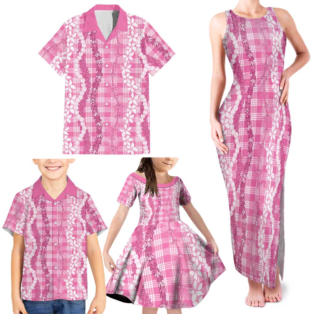 Hawaiian Ohia Lehua Lei Family Matching Tank Maxi Dress and Hawaiian Shirt Plaid Palaka Akala Pattern - Polynesian Pride
