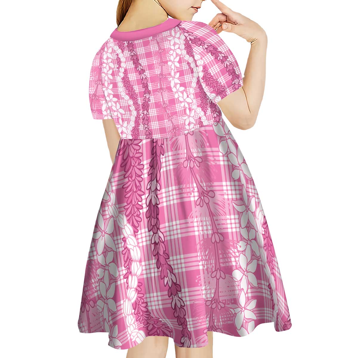 Hawaiian Ohia Lehua Lei Kid Short Sleeve Dress Plaid Palaka Akala Pattern - Polynesian Pride