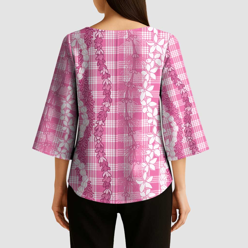 Hawaiian Ohia Lehua Lei Kimono Sleeve Blouse Plaid Palaka Akala Pattern - Polynesian Pride