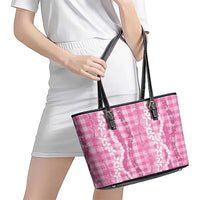 Hawaiian Ohia Lehua Lei Leather Tote Bag Plaid Palaka Akala Pattern - Polynesian Pride