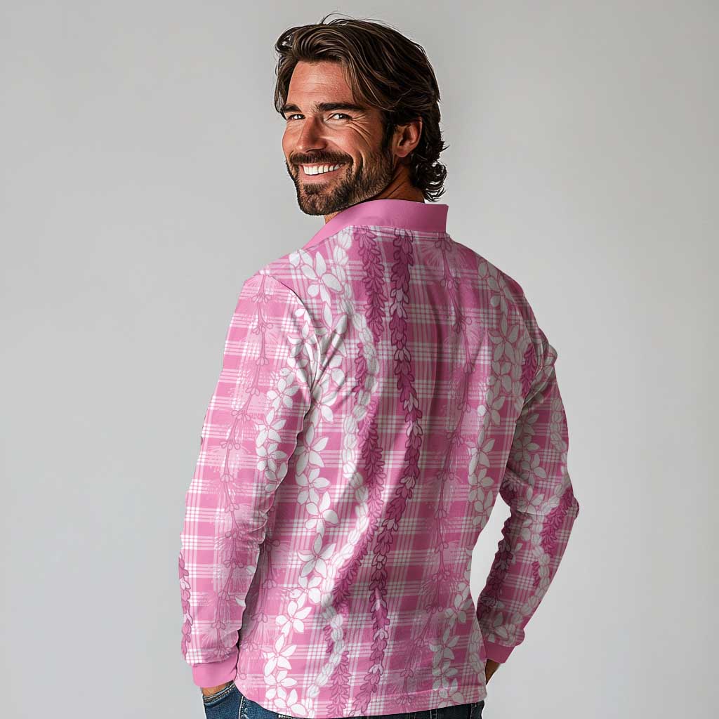 Hawaiian Ohia Lehua Lei Long Sleeve Polo Shirt Plaid Palaka Akala Pattern - Polynesian Pride
