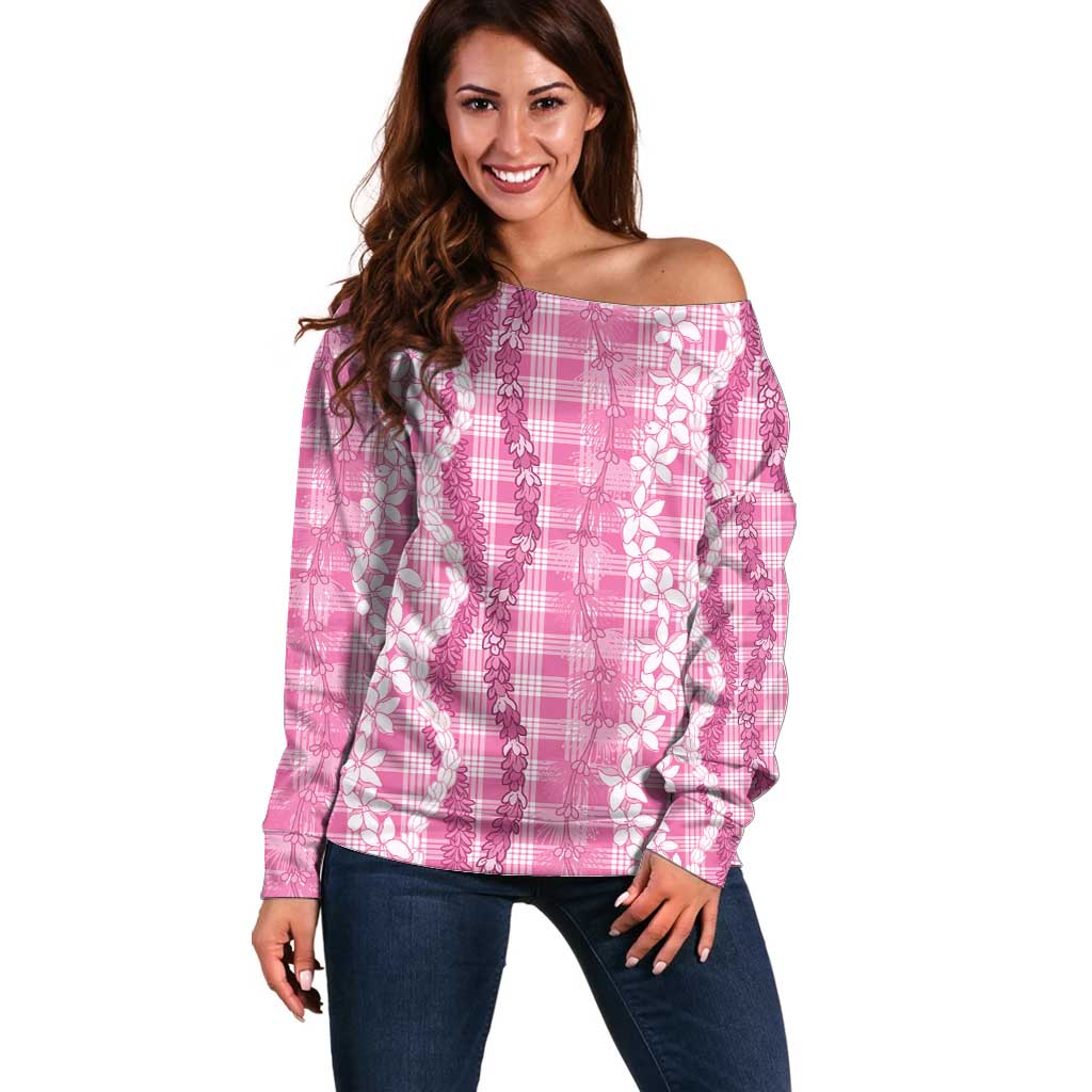 Hawaiian Ohia Lehua Lei Off Shoulder Sweater Plaid Palaka Akala Pattern LT9 Women Pink - Polynesian Pride
