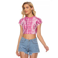 Hawaiian Ohia Lehua Lei Raglan Cropped T Shirt Plaid Palaka Akala Pattern - Polynesian Pride
