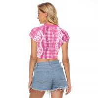 Hawaiian Ohia Lehua Lei Raglan Cropped T Shirt Plaid Palaka Akala Pattern - Polynesian Pride